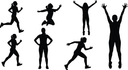 Active Female Silhouettes Collection Running, Jogging, and Jumping for Fitness, Athletic Woman Exercising, Training, and Showing Energy, Isolated Vector Graphic Set.