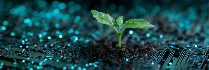 a green plant sprouts from the soil seamlessly merging with circuit board patterns representing the connection between nature and technology in a vision of sustainable digital innovation