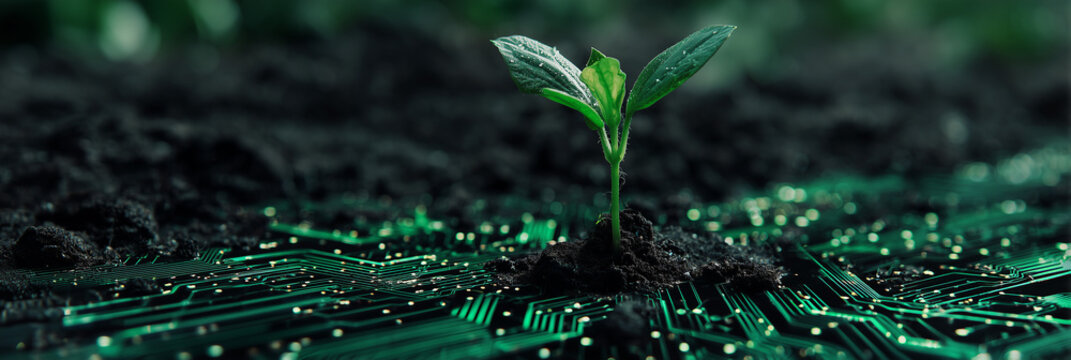 a green plant sprouts from the soil seamlessly merging with circuit board patterns representing the connection between nature and technology in a vision of sustainable digital innovation