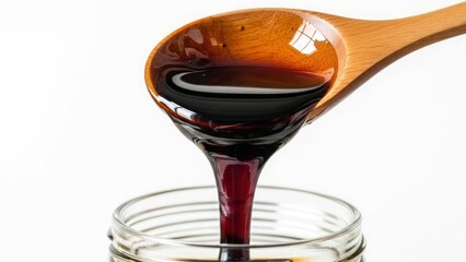 Dark, viscous liquid pouring from a wooden spoon into a glass jar.
