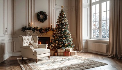 Cozy Christmas Living Room with Fireplace Decorations and Beige Armchair