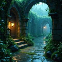 Enchanted overgrown stone archway with a glowing lantern and mossy path