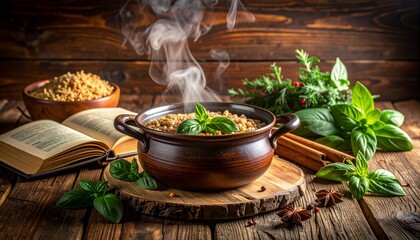 Steaming Bowl Of Couscous on Wooden Table Surrounded By Herbs and Cookbook