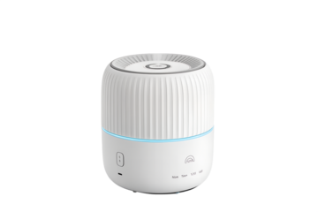 Modern white air purifier with blue accent lighting