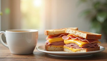 Sandwich with ham and cheese served on a plate with coffee  