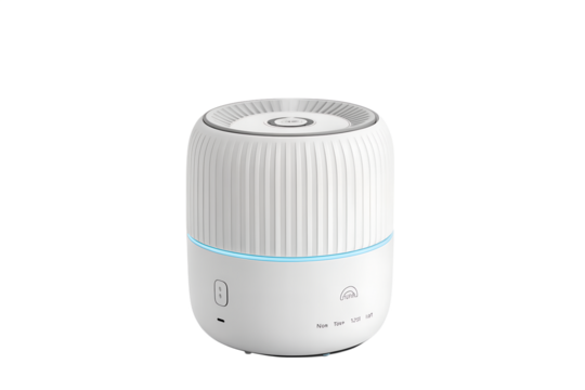 Modern white air purifier with blue accent lighting