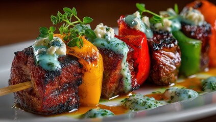 Grilled meat and vegetable skewers with vibrant colors, garnished with fresh herbs and creamy sauce, presented on a white plate, showcasing appetizing culinary artistry