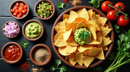 Delicious mexican nachos with fresh toppings and guacamole dip