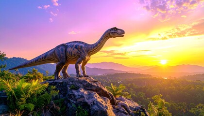 Pixelated Plateosaurus Dinosaur Standing on Rock Formation with Lush Greenery and Colorful Sky at Dusk