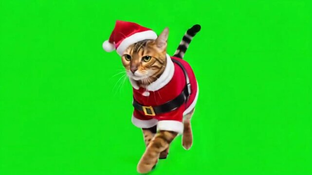 Bengal Cat Walking in Santa Claus Costume on Green Screen Background