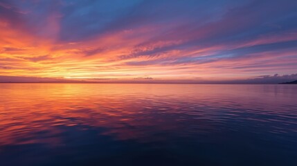 Obraz premium Vibrant sunset over a calm ocean reflecting colorful sky