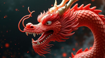 Intricate red chinese dragon sculpture with fierce expression