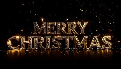 Merry Christmas Golden Glitter Text on Dark Background with Sparkling Particles