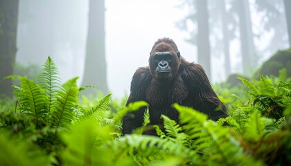 Majestic Gorilla Standing Amidst Lush Green Ferns in Misty Forest, Dramatic Lighting, Dense Woodland Background, Focus