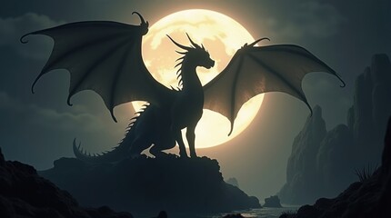 Silhouette of a majestic dragon with spread wings against a large full moon
