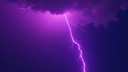 A Dramatic Violet Nightscape Featuring a Striking Bolt of Lightning Across a Dark, Cloud-Filled Sky