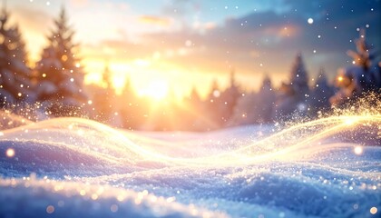 Golden Sunlight Over Fresh White Snow In Winter Forest Scenery