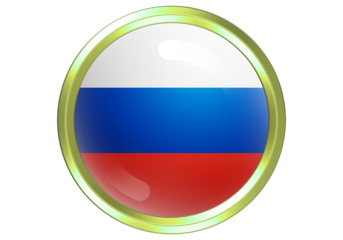 Glossy 3D Russian Flag Circle Button Icon with Gold Border on White Background