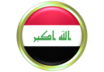 Iraq Flag 3D Glossy Round Button with Golden Frame - National Symbol Icon on White