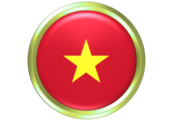 Circular Vietnam Flag Button Icon with Golden Frame, Representing Vietnamese Nation and Patriotism on White Background - 3D Rendered National Symbol