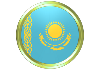Golden Framed 3D Circular Kazakhstan Flag Emblem - Shiny National Identity Button