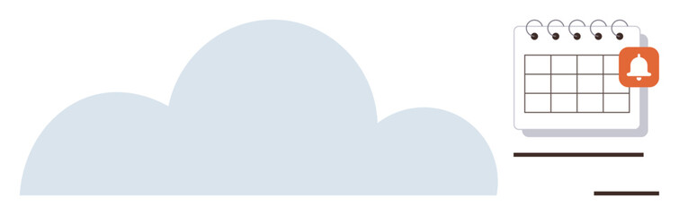 Cloud graphic alongside a calendar with notification bell emphasizing data synchronization, reminders, productivity, and scheduling. Ideal for organization, digital tools, cloud services, planning