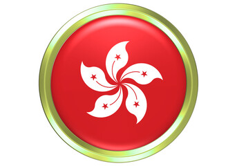 Hong Kong National Flag 3D Glossy Round Button Icon with Golden Metallic Border