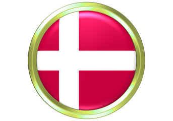 Fototapeta premium Glossy 3D Denmark Flag Circle Button with Golden Border Isolated on White