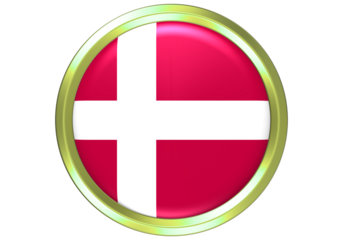 Glossy 3D Denmark Flag Circle Button with Golden Border Isolated on White