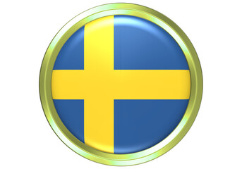 Sweden Flag Glossy Round Button with Golden Metallic Frame - 3D Rendered Swedish National Symbol Icon on White Background