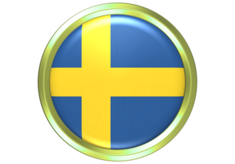 Sweden Flag Glossy Round Button with Golden Metallic Frame - 3D Rendered Swedish National Symbol Icon on White Background