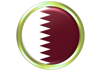 Glossy 3D Qatar Flag Button with Golden Rim - National Symbol Icon on White Background