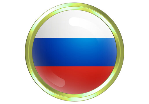 Glossy 3D Russian Flag Circle Button Icon with Gold Border on White Background