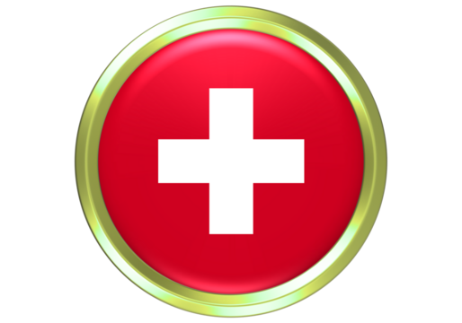 Vibrant 3D Swiss Flag Button Icon – National Emblem of Switzerland with Golden Ring