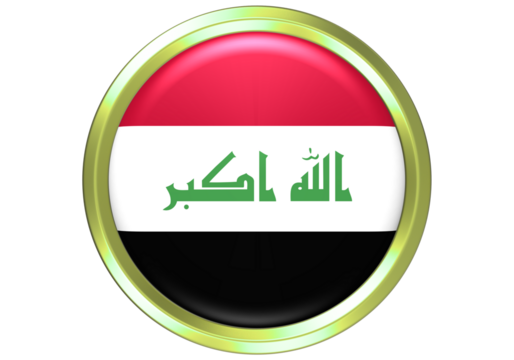 Iraq Flag 3D Glossy Round Button with Golden Frame - National Symbol Icon on White