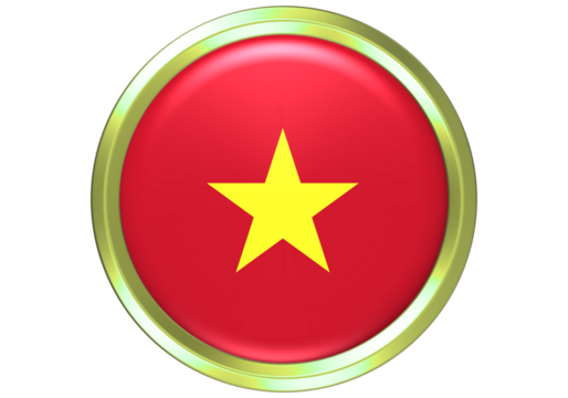 Circular Vietnam Flag Button Icon with Golden Frame, Representing Vietnamese Nation and Patriotism on White Background - 3D Rendered National Symbol