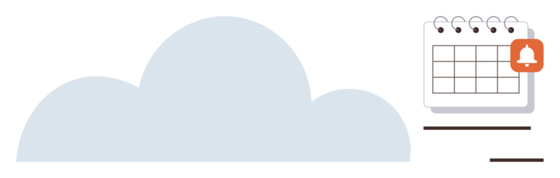 Cloud graphic alongside a calendar with notification bell emphasizing data synchronization, reminders, productivity, and scheduling. Ideal for organization, digital tools, cloud services, planning