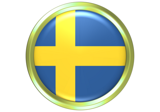 Sweden Flag Glossy Round Button with Golden Metallic Frame - 3D Rendered Swedish National Symbol Icon on White Background - Powered by Adobe