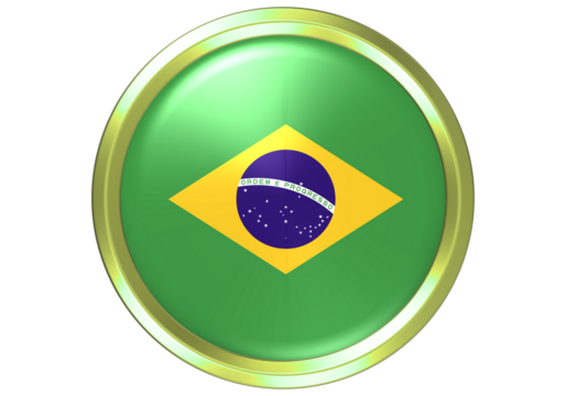 Brazil Flag 3D Round Gold Button Icon Isolated on White Background - Patriotic National Emblem Render