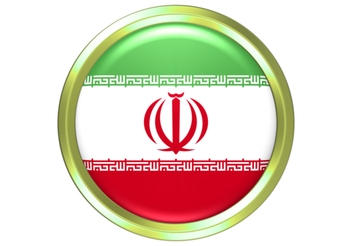 Vibrant 3D Glossy Button: National Flag of Iran with Gold Trim, Isolated on White Background