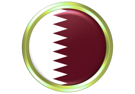 Glossy 3D Qatar Flag Button with Golden Rim - National Symbol Icon on White Background