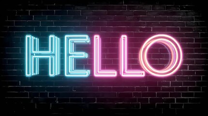 Vibrant hello neon sign on dark brick wall welcomes with glowing pink and blue light, perfect for opening sequence or catchy intro video