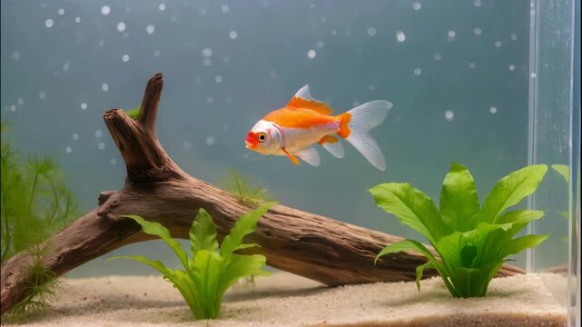 Orange goldfish with white fins swims among plants and driftwood in a clean home aquarium, showcasing aquascape design and fish care