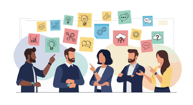 Team brainstorming ideas under digital sticky notes