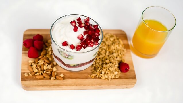 Generative AI healthy breakfast parfait with fruit and nuts.