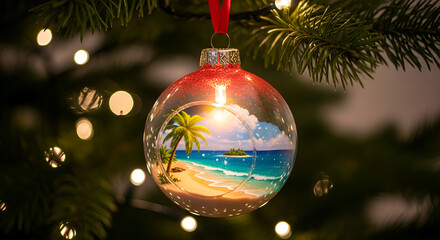 Clear glass Christmas ornament with a miniature tropical island scene inside.