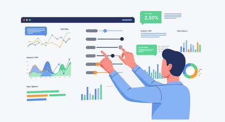 Flat vector Analyst adjusting filter sliders on digital dashboard