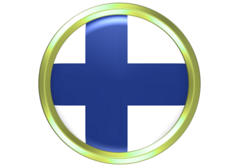 Glossy 3D Finland Flag Button in a Golden Circle - National Symbol and Patriotic Emblem on White