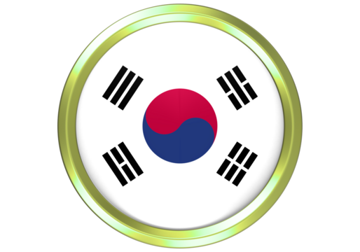 South Korean Flag Circular Icon with Golden Metallic Border - National Symbol of Republic of Korea