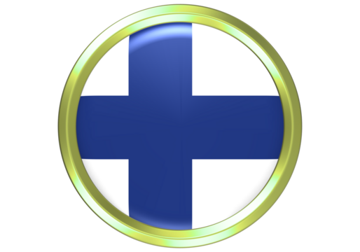 Glossy 3D Finland Flag Button in a Golden Circle - National Symbol and Patriotic Emblem on White